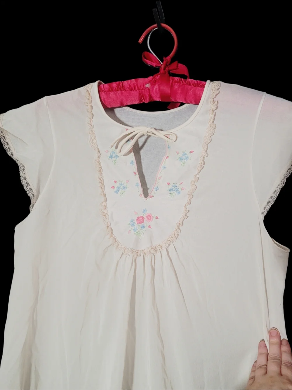 Vintage Cream Maxi Nightgown with Pastel Floral Embroidery - Picture 2 of 4